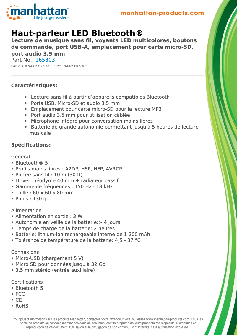 Page 1 de la notice Fiche technique Manhattan 165303