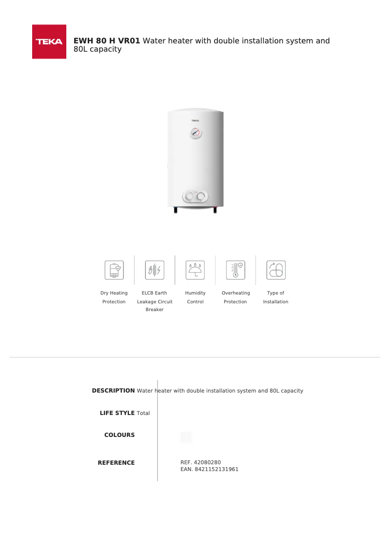 Page 1 of the manual Technical Sheet Teka EWH 80 H