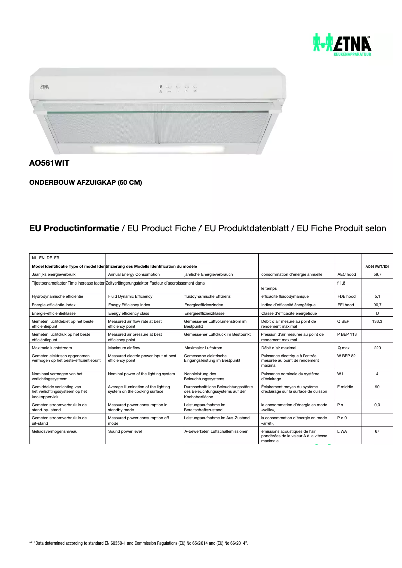 Page 1 de la notice Fiche technique Etna AO561WIT