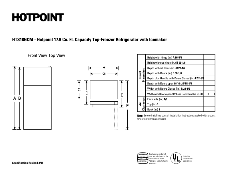 Page 1 de la notice Fiche technique Hotpoint HTS18GCMCC