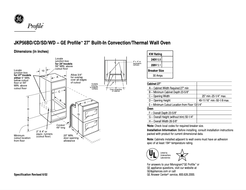 Página 1 del manual Ficha técnica GE Profile JKP56WDWW