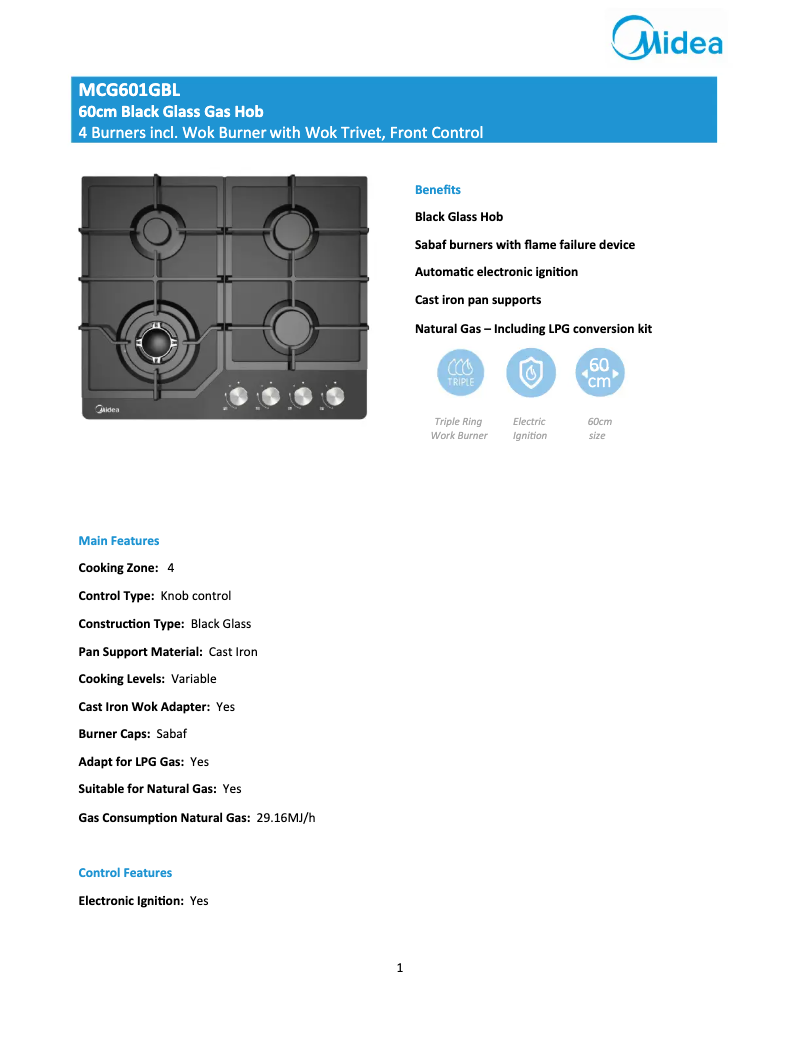 Página 1 del manual Ficha técnica Midea MCG601GBL