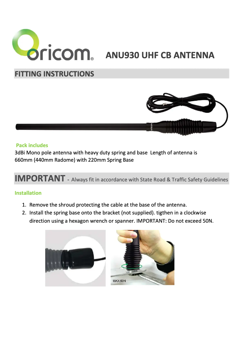 Page 1 of the manual User Manual Oricom ANU930
