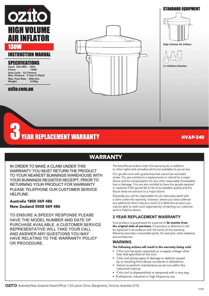 Page 1 de la notice Manuel utilisateur Ozito HVAP-240