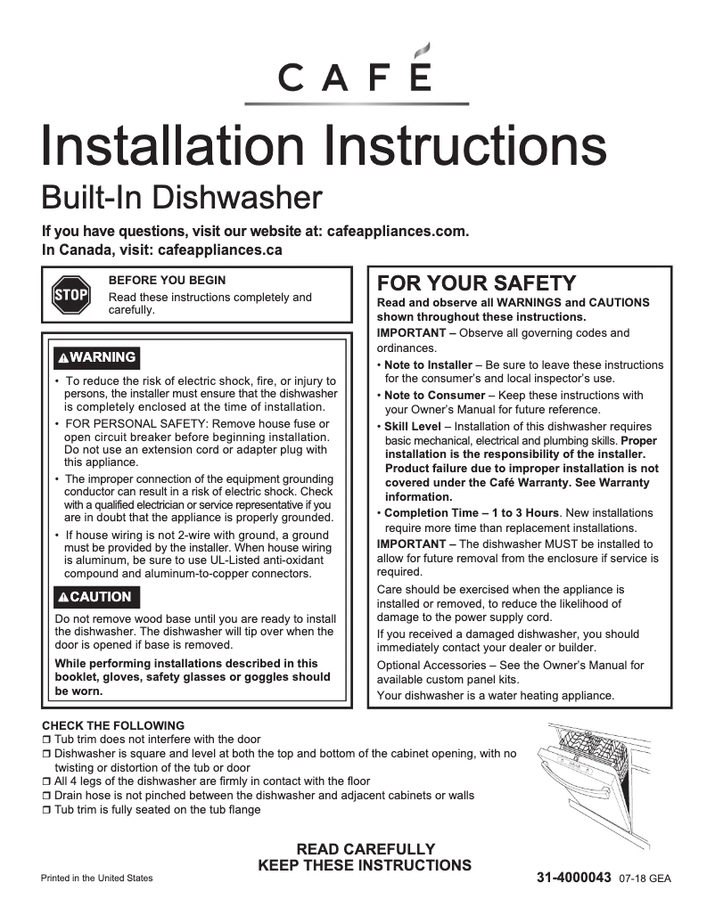 Page 1 de la notice Guide d'installation GE Café CDT706P2MS1