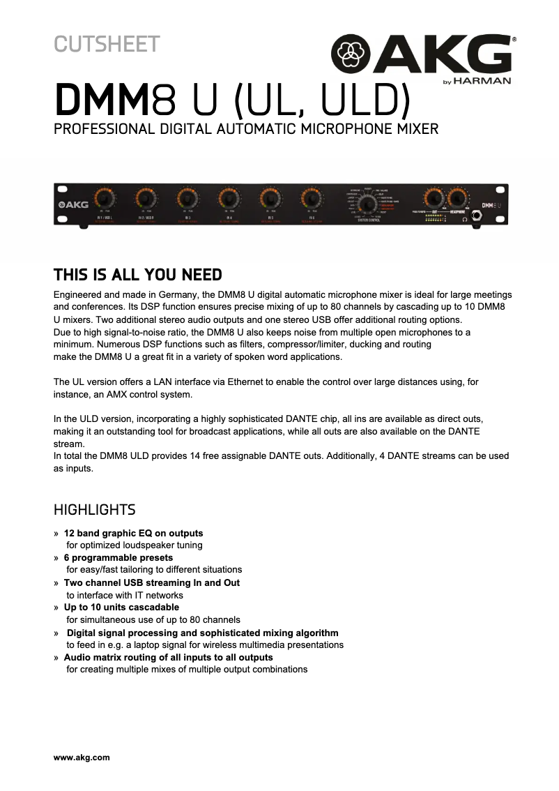 Page 1 de la notice Fiche technique AKG DMM8 UL