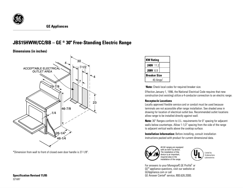 Page 1 of the manual Technical Sheet GE JBS15HBB