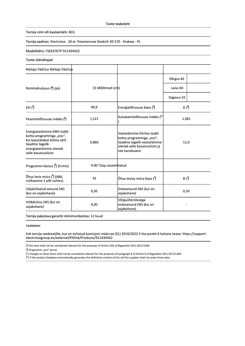 Page 1 de la notice Fiche technique AEG FSE63767P