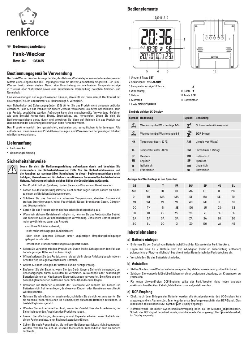 Page 1 de la notice Manuel utilisateur Renkforce 1383425