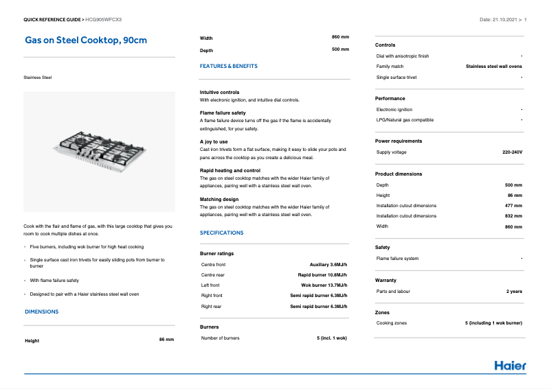Page 1 de la notice Manuel utilisateur Haier HCG905WFCX3