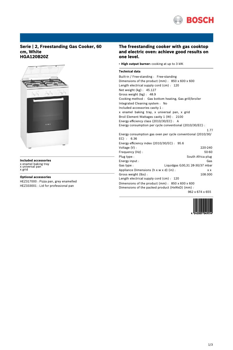 Page 1 de la notice Fiche technique Bosch HGA120B20Z