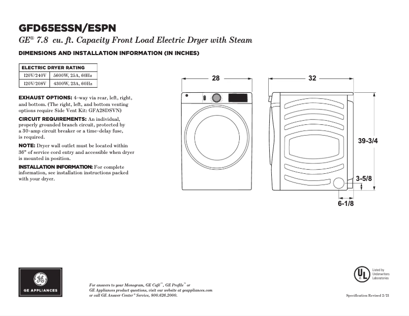 Página 1 del manual Ficha técnica GE GFD65ESSNWW