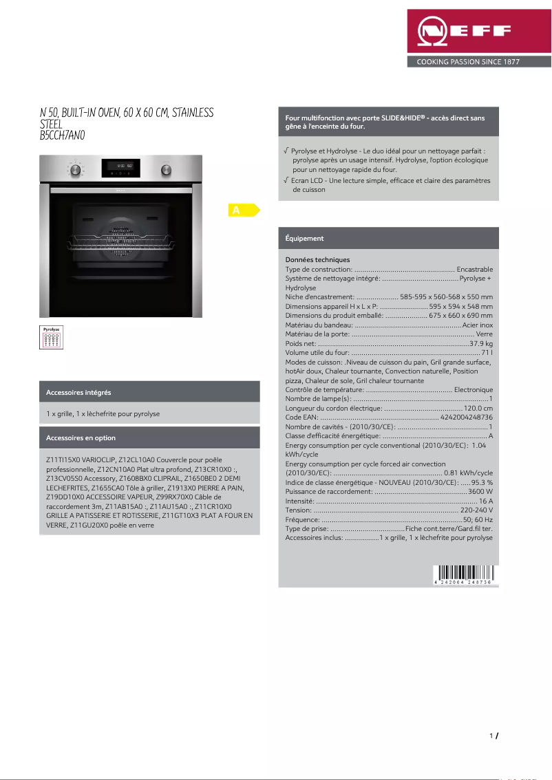 Page 1 of the manual Technical Sheet Neff B5CCH7AN0