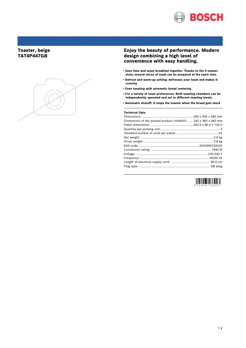 Page 1 de la notice Fiche technique Bosch TAT4P447GB