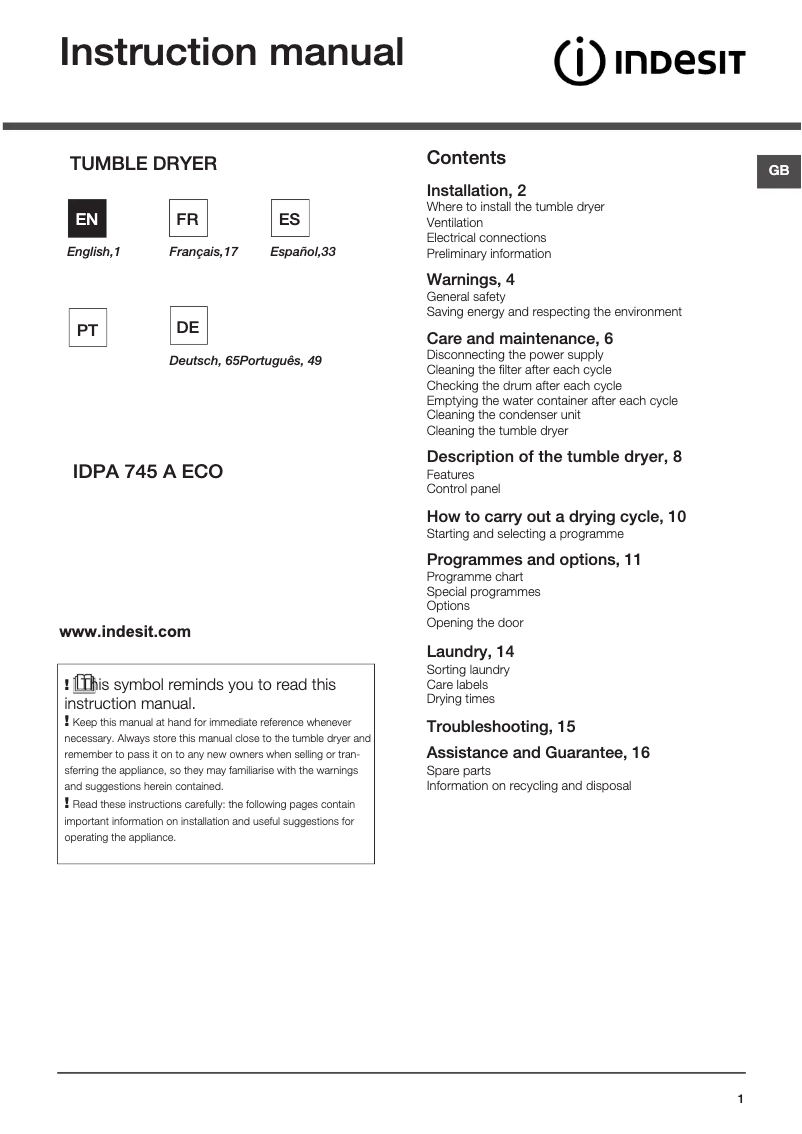 Página 1 del manual Manual de usuario Indesit IDPA 745 A ECO (EU)