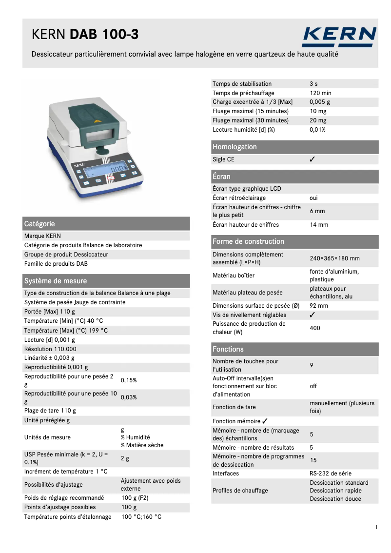 Page 1 de la notice Fiche technique Kern DAB 100-3