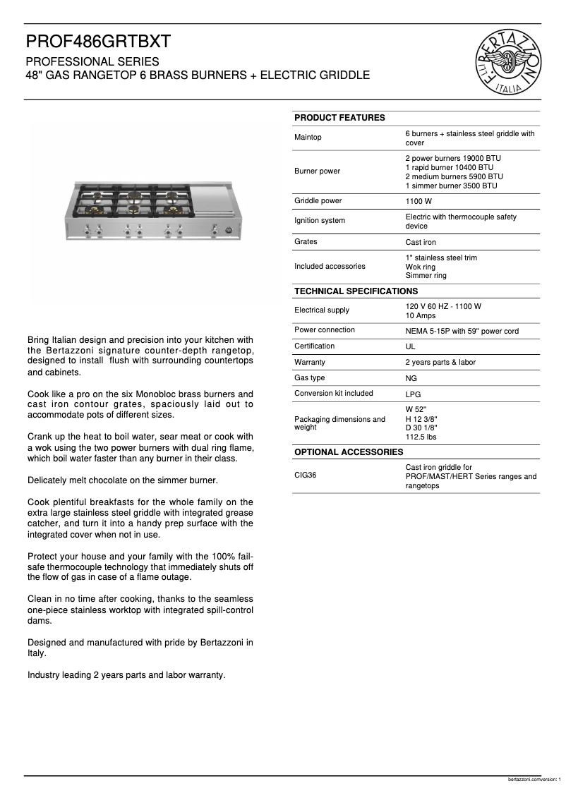 Page 1 de la notice Fiche technique Bertazzoni PROF486GRTBXT