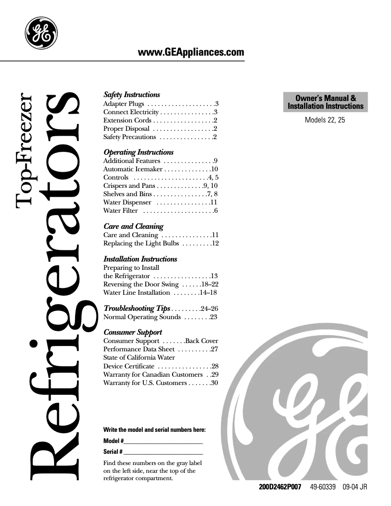 Page 1 de la notice Guide d'installation GE GTS22WSTSS