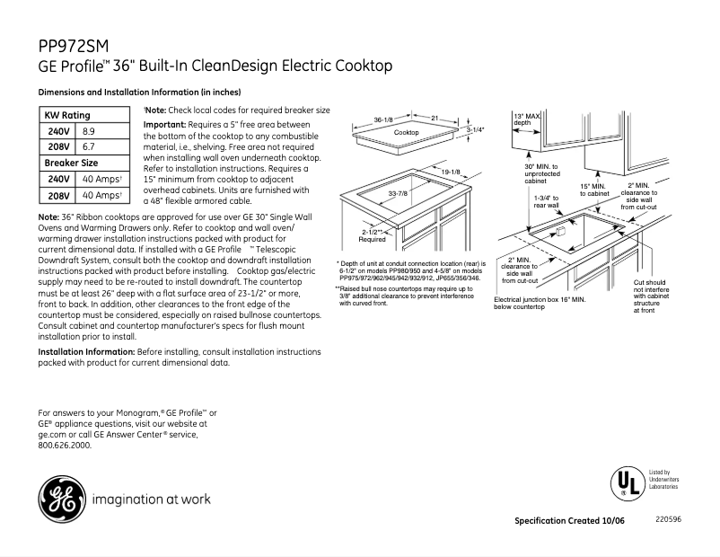 Page 1 of the manual Technical Sheet GE Profile PP972SMSS