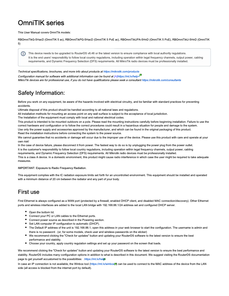 Page 1 de la notice Manuel utilisateur Mikrotik OmniTIK 5 PoE ac