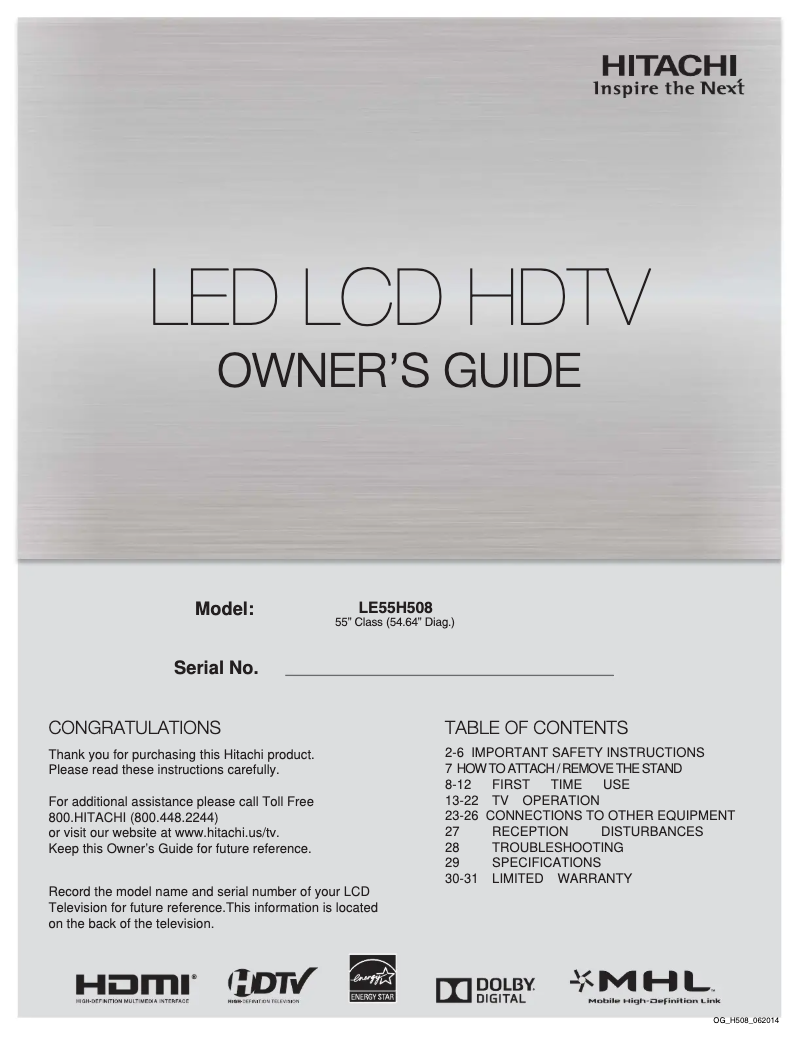 Page 1 de la notice Manuel utilisateur Hitachi LE55H508