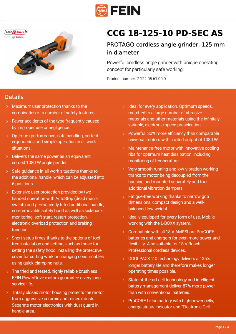 Page 1 de la notice Fiche technique Fein CCG 18-125-10 PD-SEC AS
