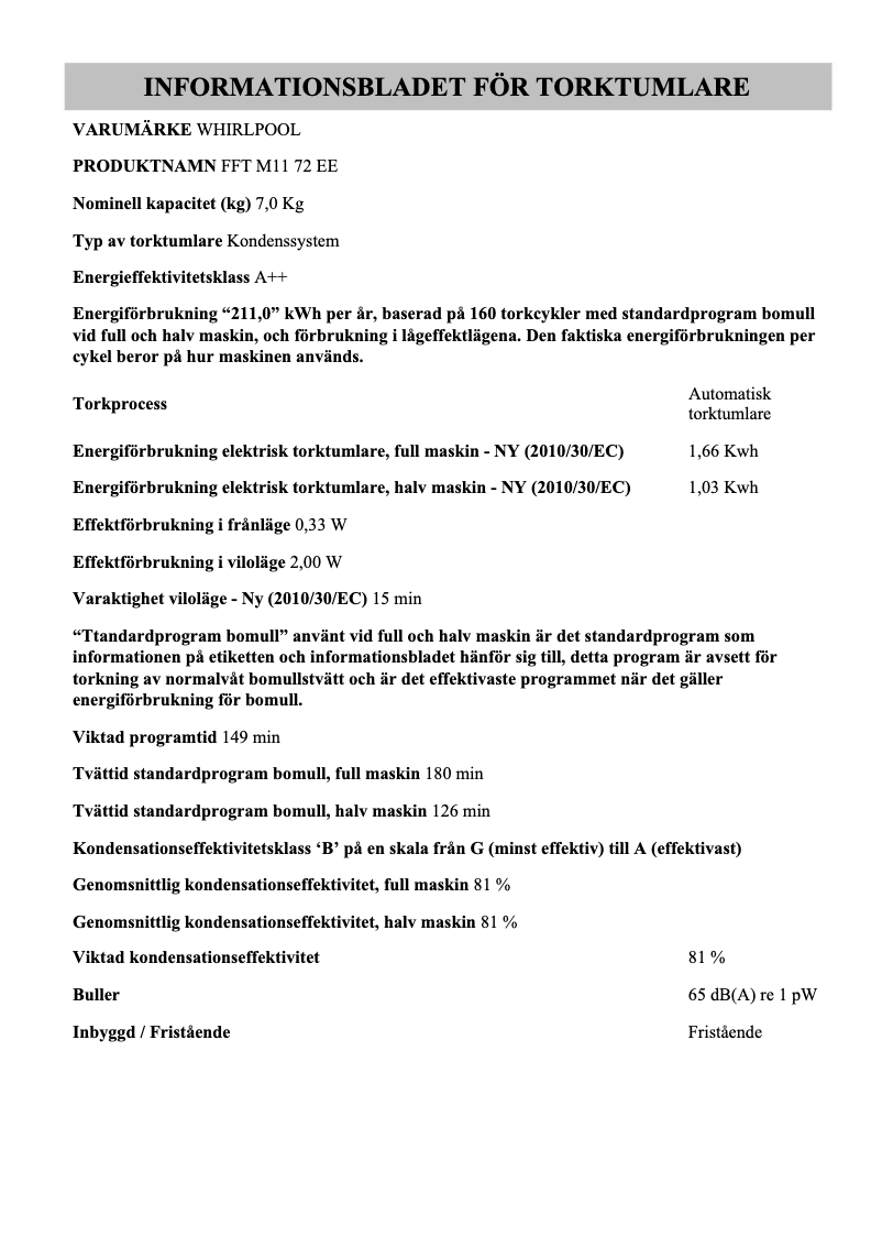Página 1 del manual Etiqueta energética Whirlpool FFT M11 72 EE
