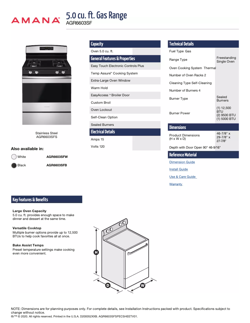 Page 1 of the manual Technical Sheet Amana AGR6603SFS