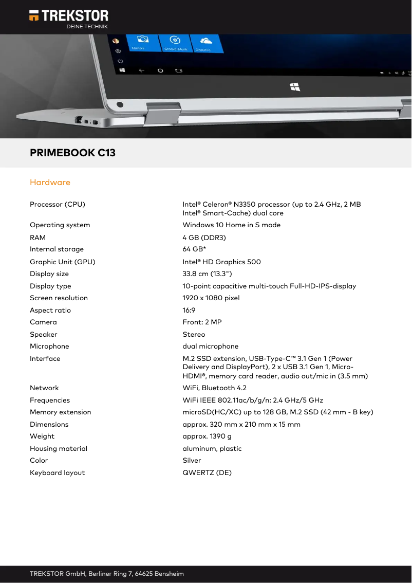 Page 1 de la notice Fiche technique TrekStor Primebook C13