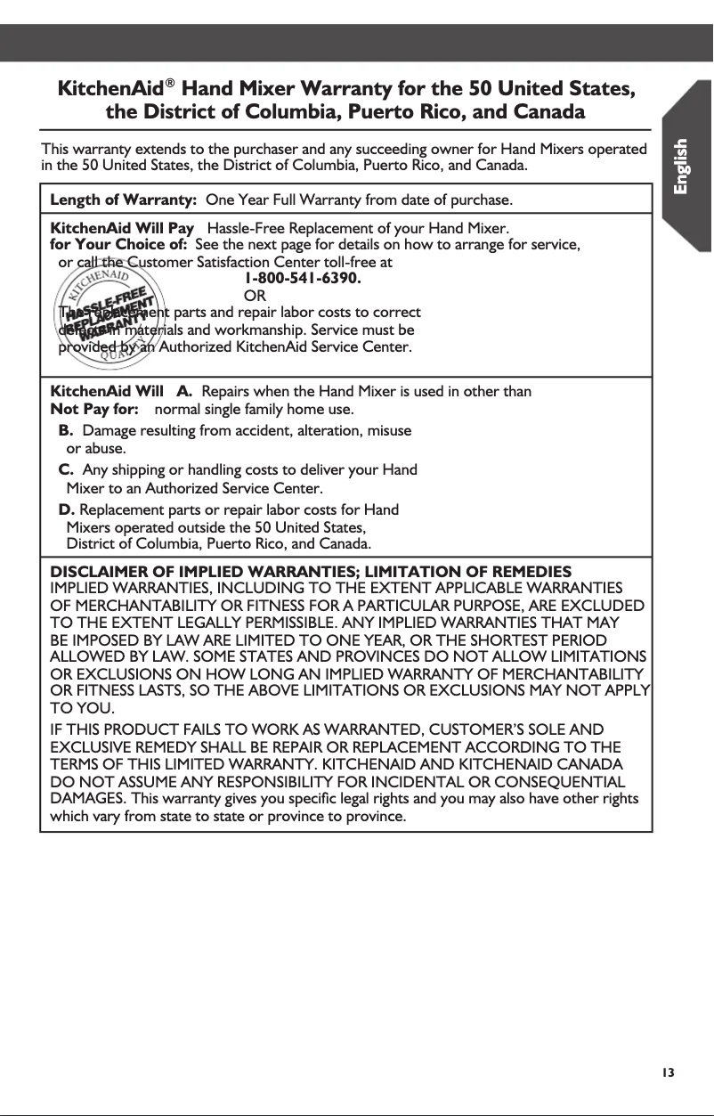 Page 1 de la notice Informations de garantie KitchenAid KHM512GU