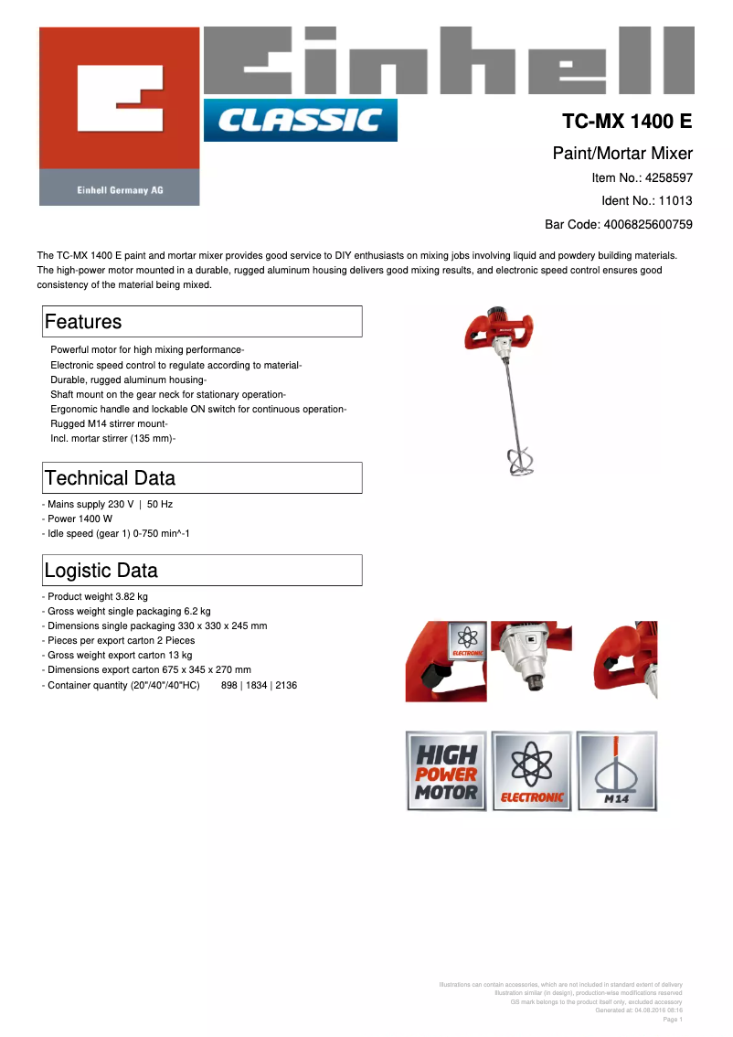 Page 1 de la notice Fiche technique Einhell TC-MX 1400 E