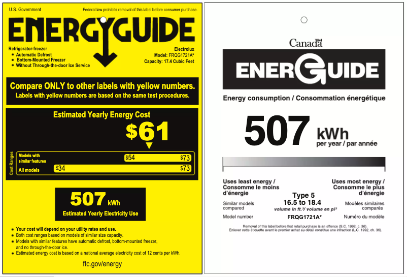 Page 1 de la notice Label énergétique Frigidaire FRQG1721AV