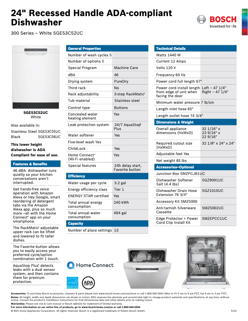 Page 1 de la notice Fiche technique Bosch SGE53C52UC