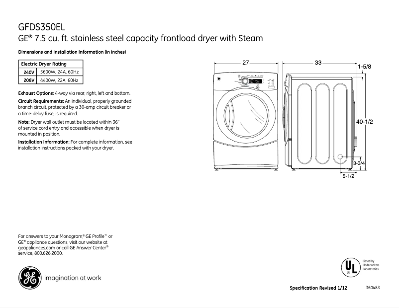 Page 1 of the manual Technical Sheet GE GFDS355ELMS