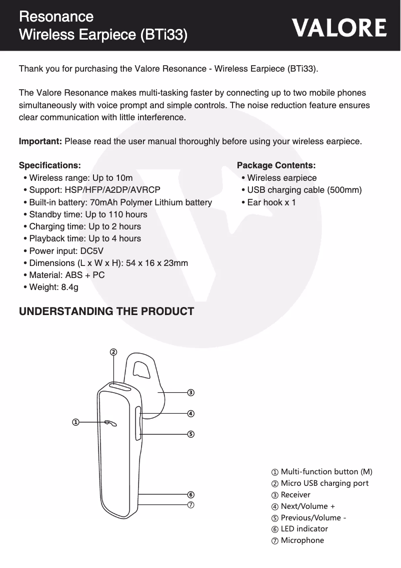 Page 1 de la notice Manuel utilisateur Valore BTi33