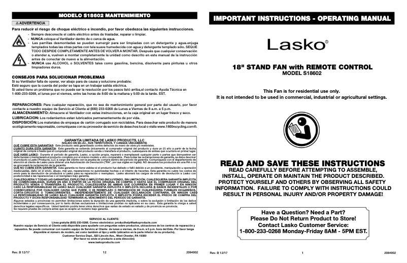 Page 1 of the manual User Manual Lasko Performance S18602