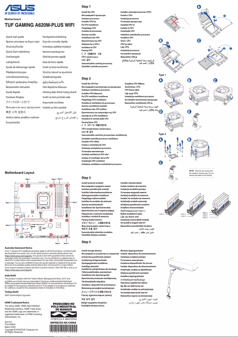 Page 1 de la notice Guide de démarrage rapide Asus TUF Gaming A620M-PLUS WIFI