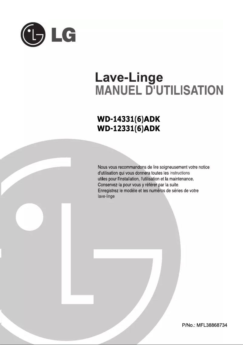 Page 1 de la notice Manuel utilisateur LG WD-12331ADK