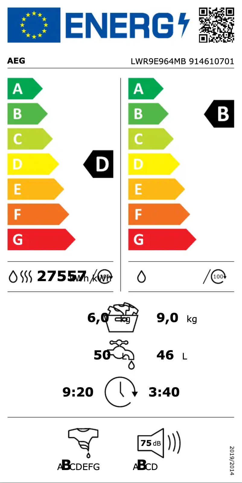 Page 1 de la notice Manuel utilisateur AEG LWR9E964MB