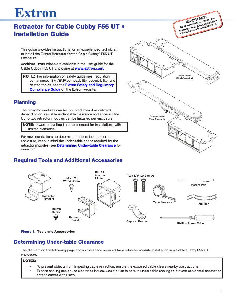 Page 1 de la notice Manuel utilisateur Extron Cable Cubby F55 UT
