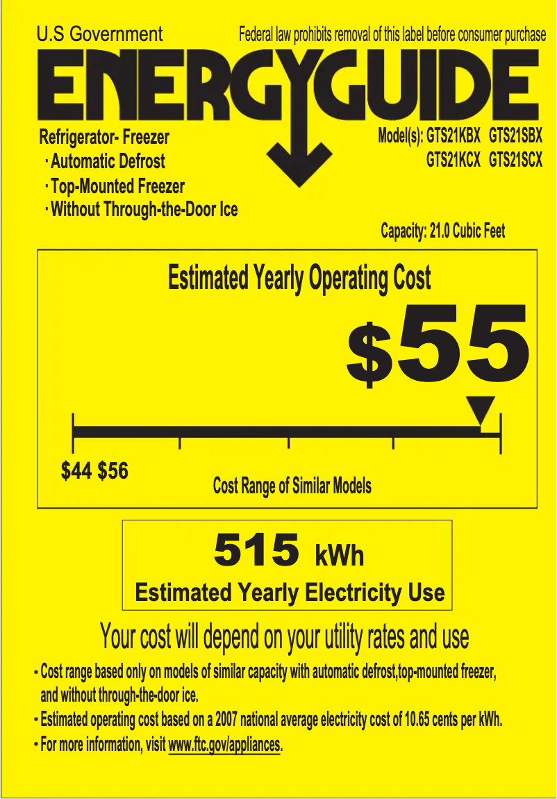 Page n°1 - Label énergétique GE GTS21KBXWW