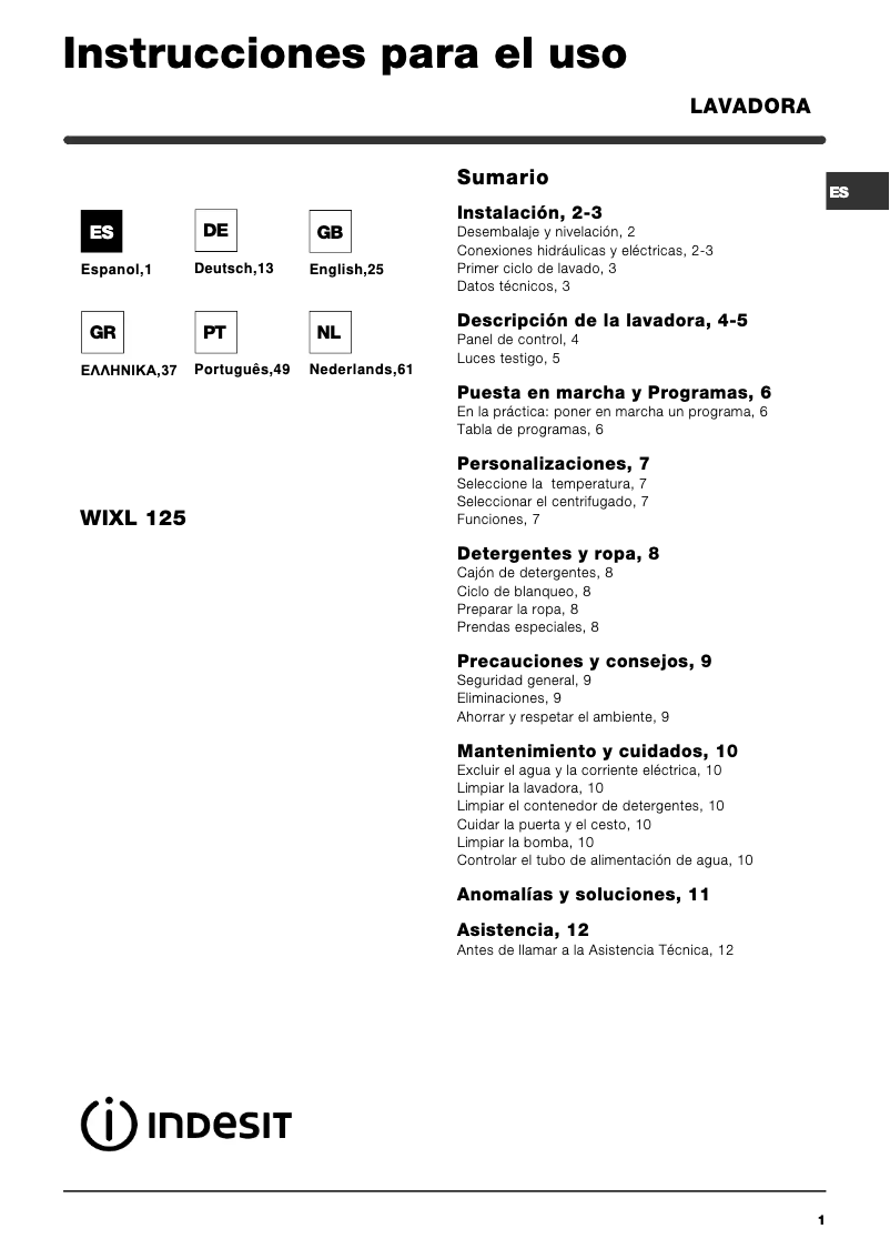 Page n°1 - Manuel utilisateur Indesit WIXL 125 (EX) (V)