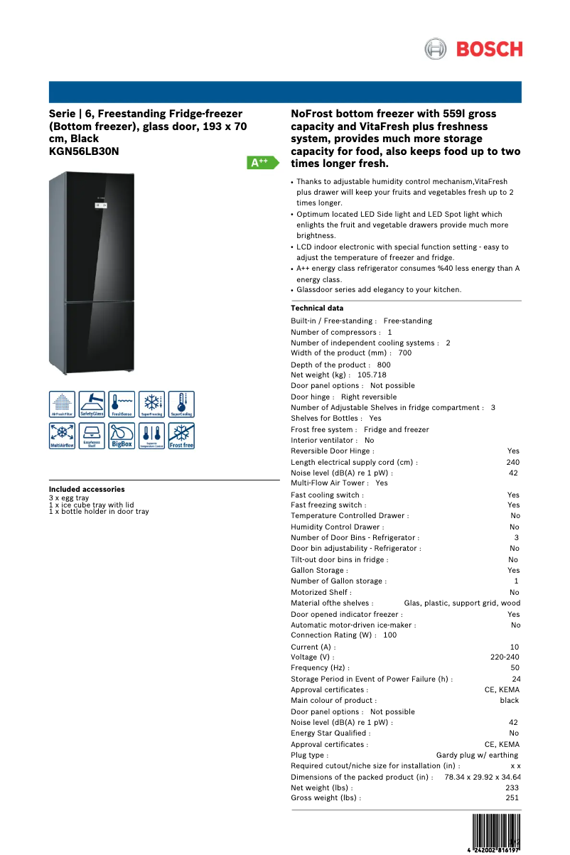 Page 1 de la notice Fiche technique Bosch KGN56LB30N