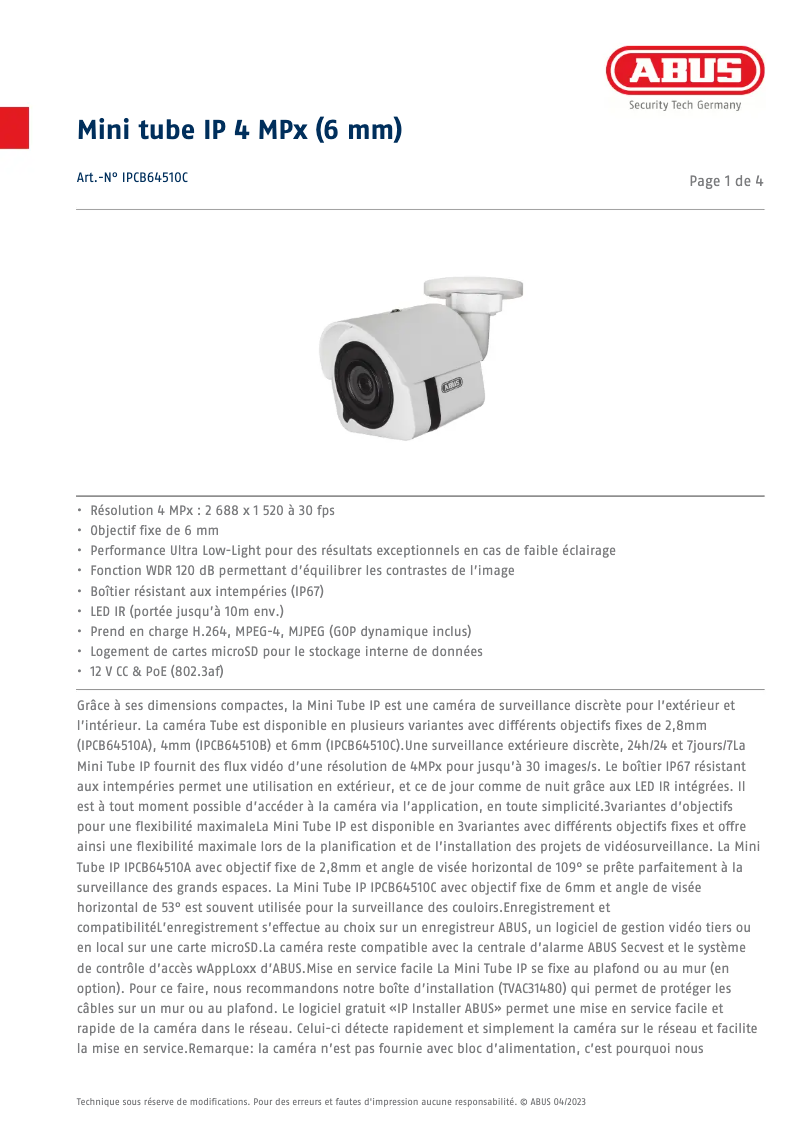 Page 1 de la notice Fiche technique Abus IPCB64510C