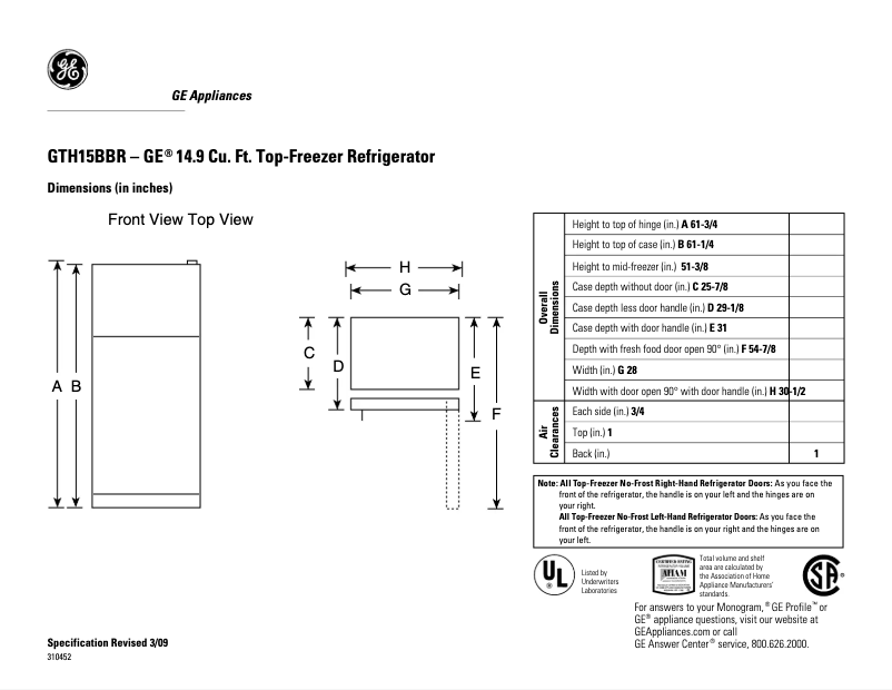 Page 1 de la notice Fiche technique GE GTH15BBRRWW