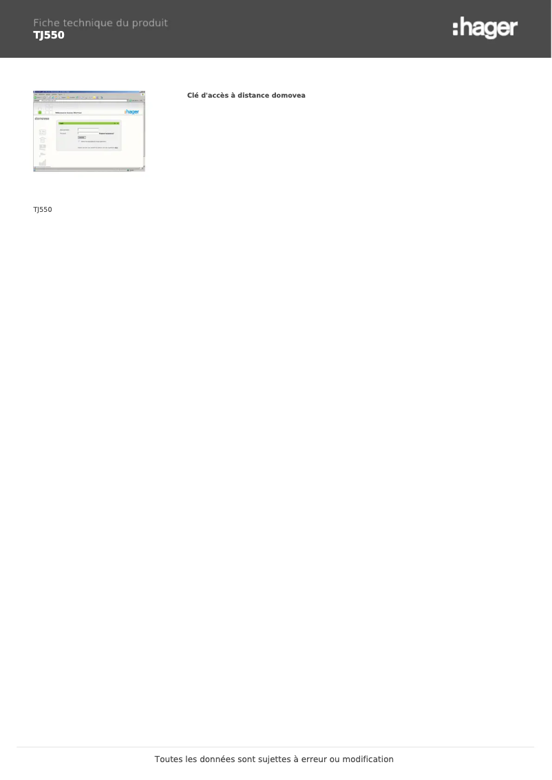 Page 1 de la notice Fiche technique Hager TJ550