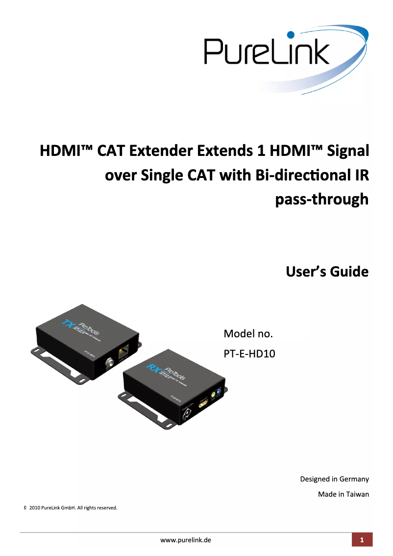 Page 1 de la notice Manuel utilisateur PureLink PT-E-HD10