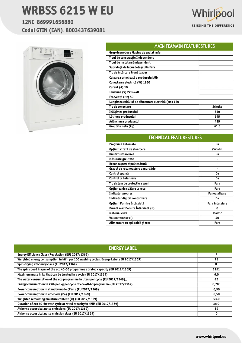 Página 1 del manual Ficha técnica Whirlpool WRBSS6215 W EU