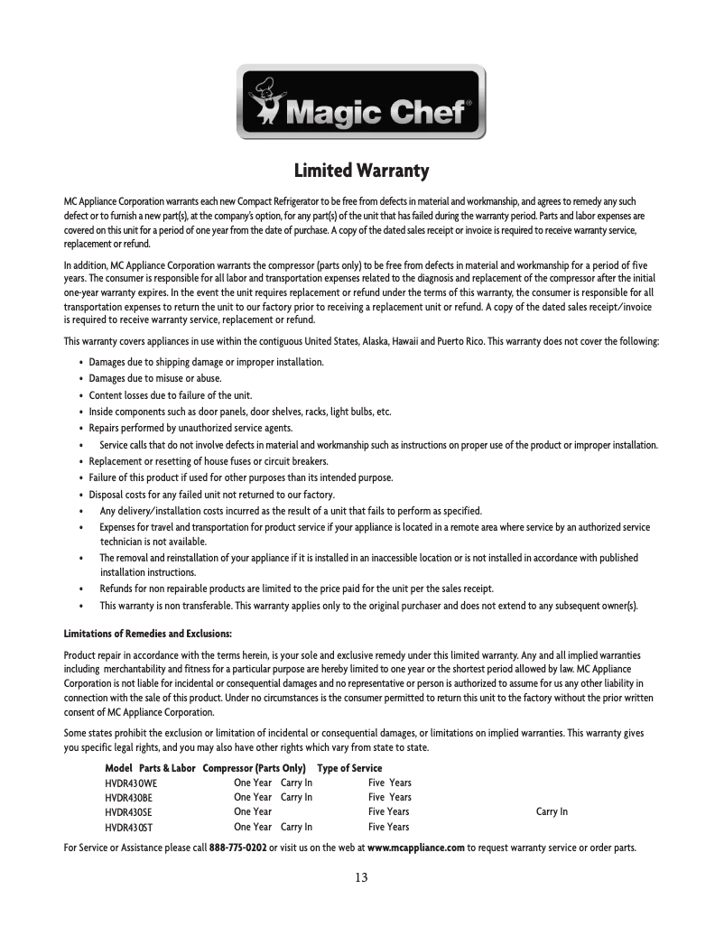 Page 1 de la notice Informations de garantie Magic Chef HVDR430ST