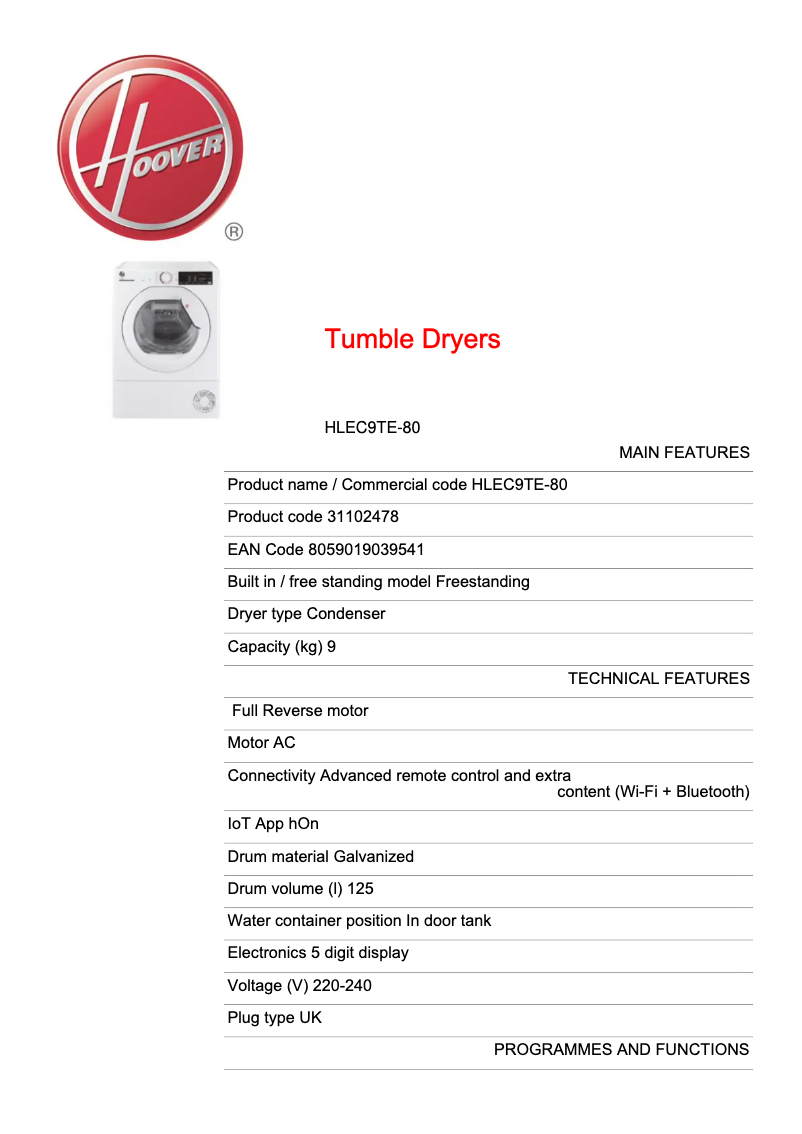 Page 1 of the manual Technical Sheet Hoover HLEC9TE-80